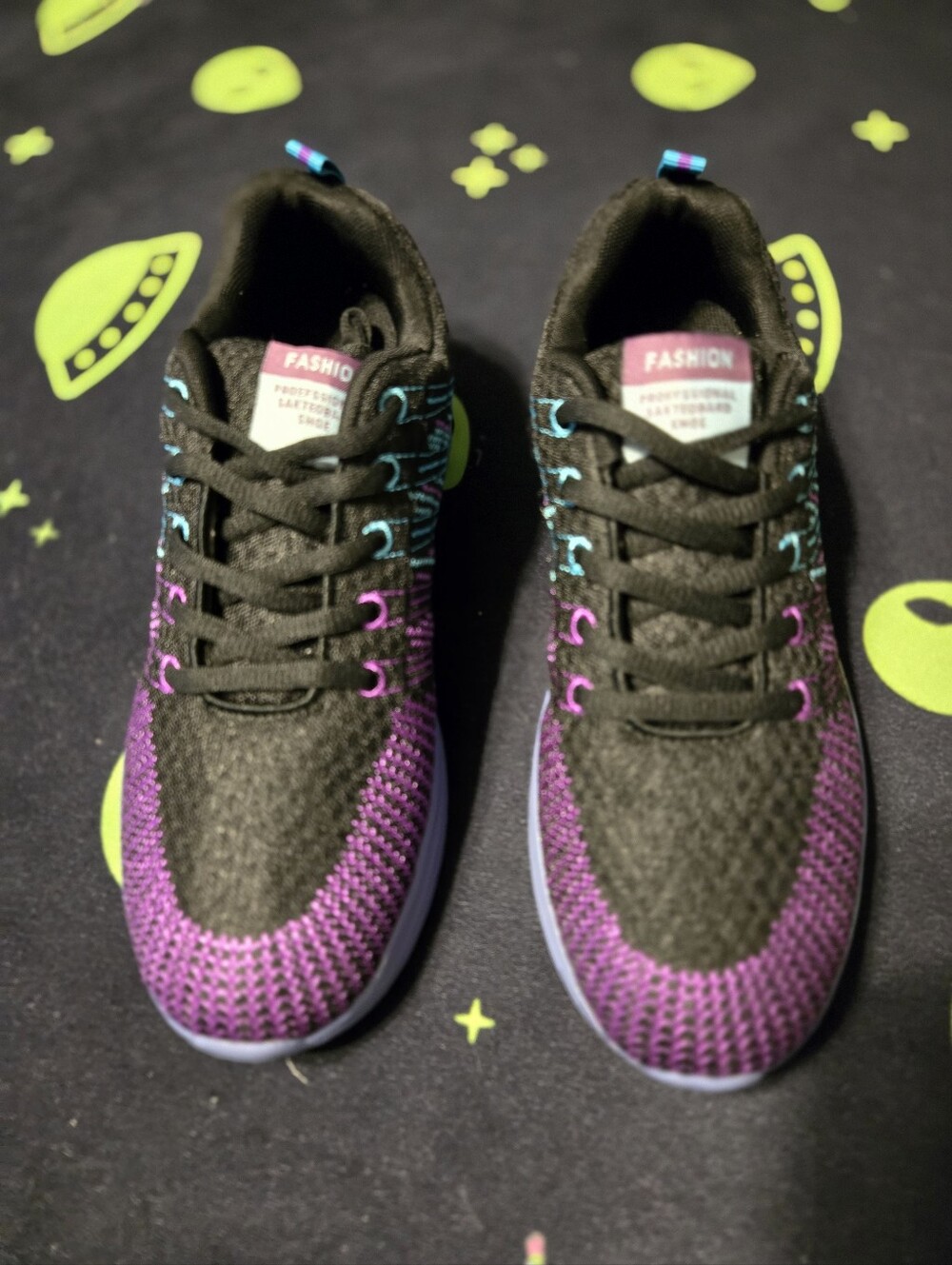 Womans Black & Purple Knit Sneakers with Blue Accents